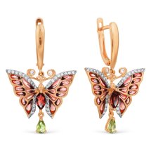 Серьги с гранатами, хризолитами, эмалью и фианитами (Т187028750-01)